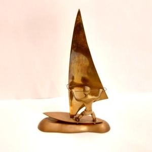 Vintage 1960s Solid Hand-Casted Brass Windsurfer Sailing Boat Figurine